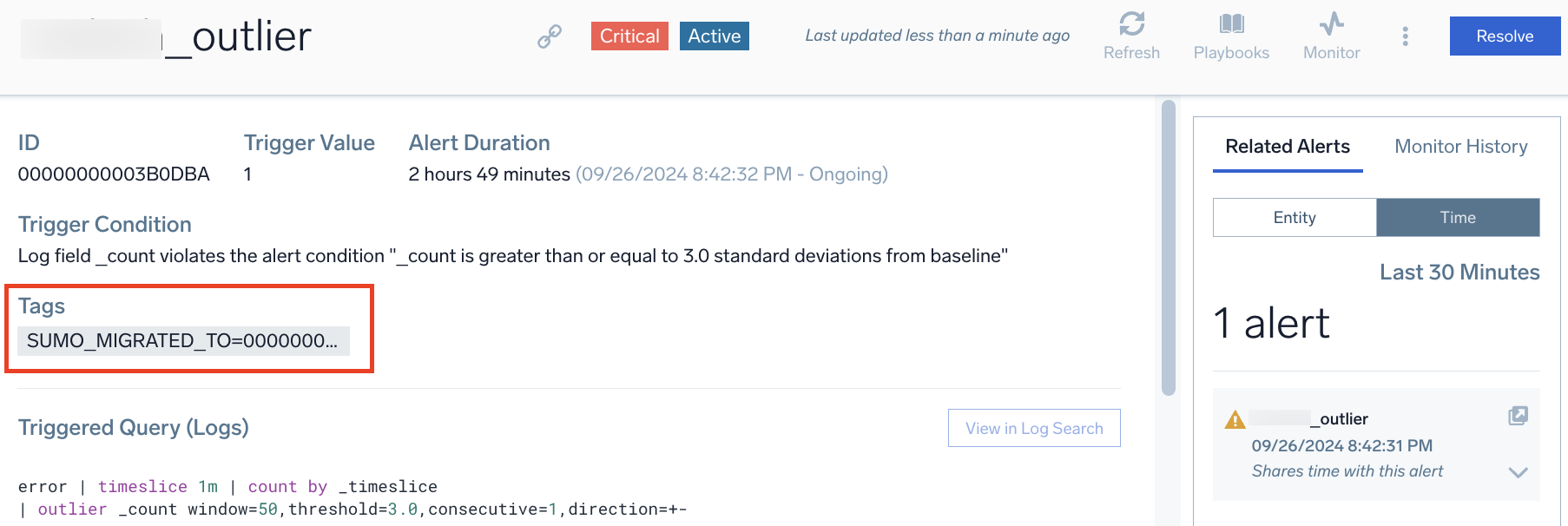 Alert Response page displaying graphs with tags shown in the tags section