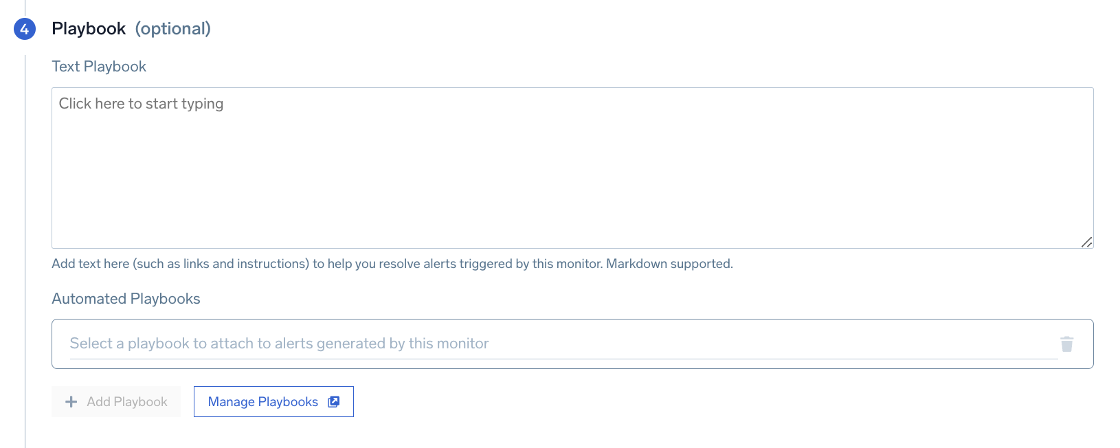 Screenshot of the Playbook section in Sumo Logic's 'New Monitor' setup page. It includes a Text Playbook field with a placeholder 'Click here to start typing' and a note indicating that Markdown is supported. Below, there is a dropdown menu to select an automated playbook, with options to add or manage playbooks