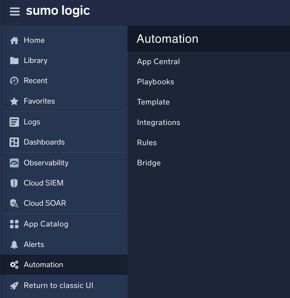 Cloud SOAR Automation menu