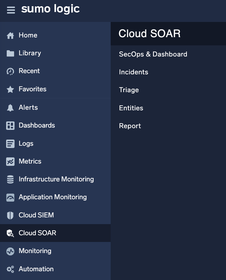 Cloud SOAR sidebar menu