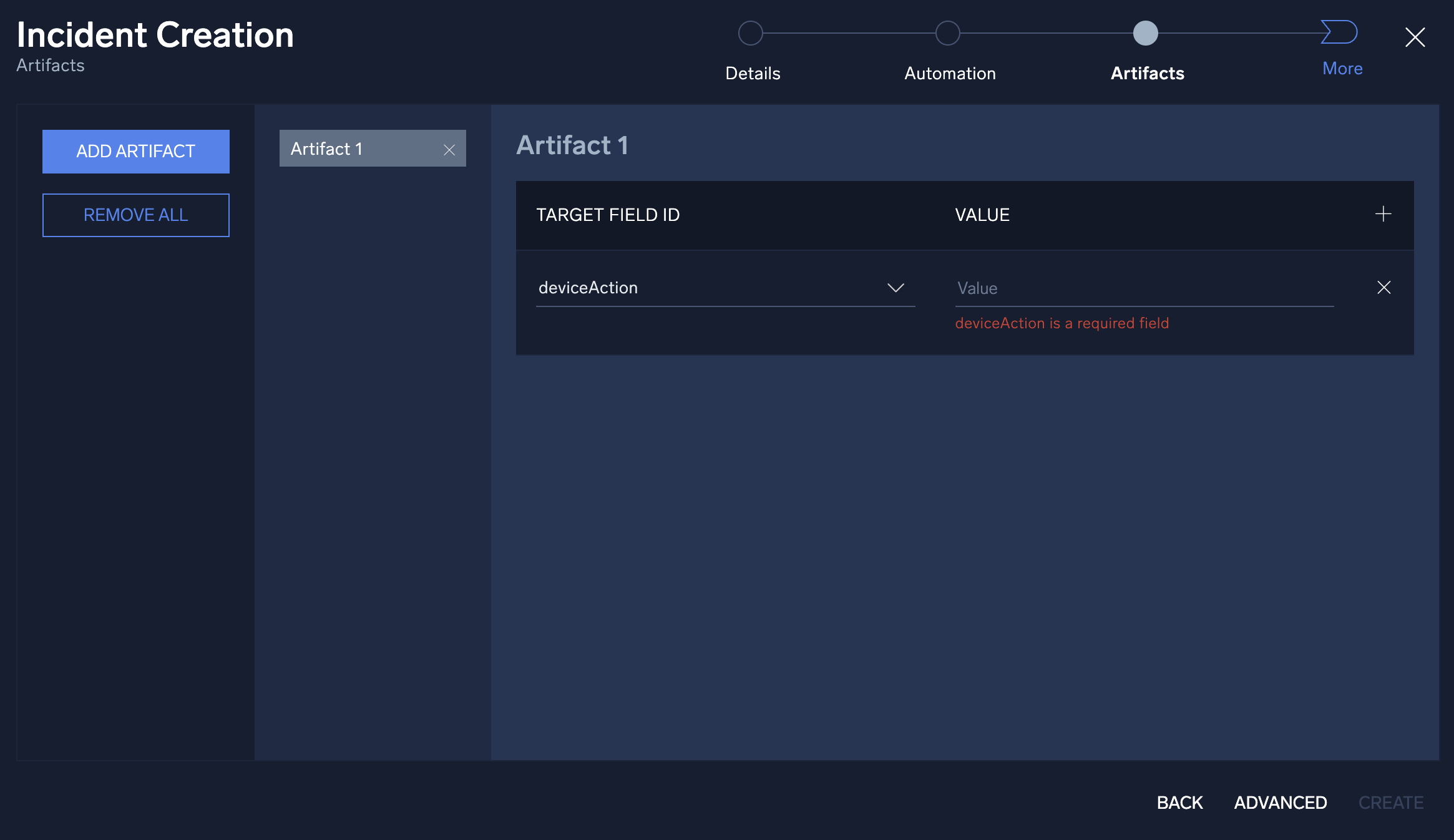 Incident Creation - Artifacts screen