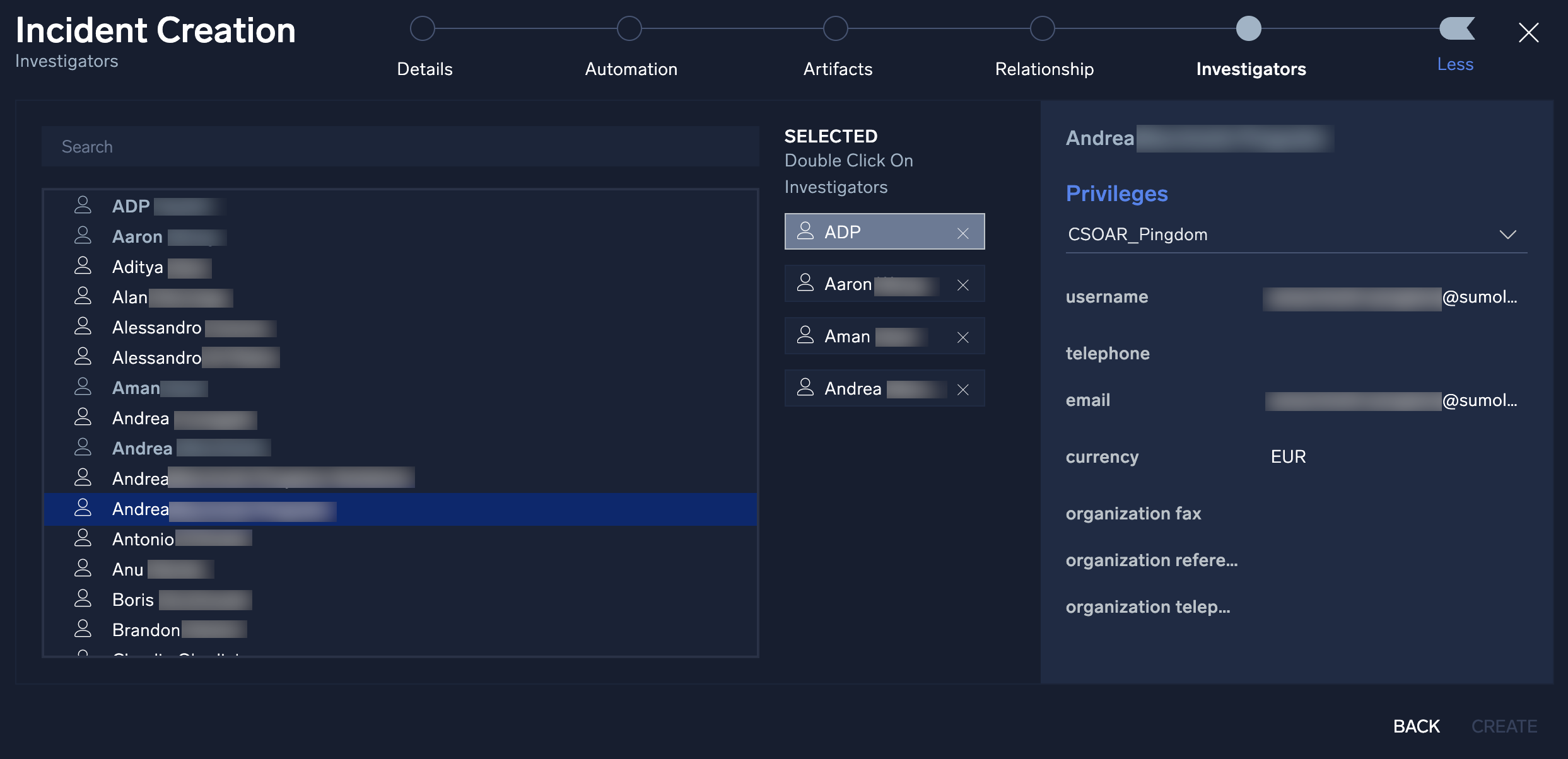 Incident Creation - Investigators screen