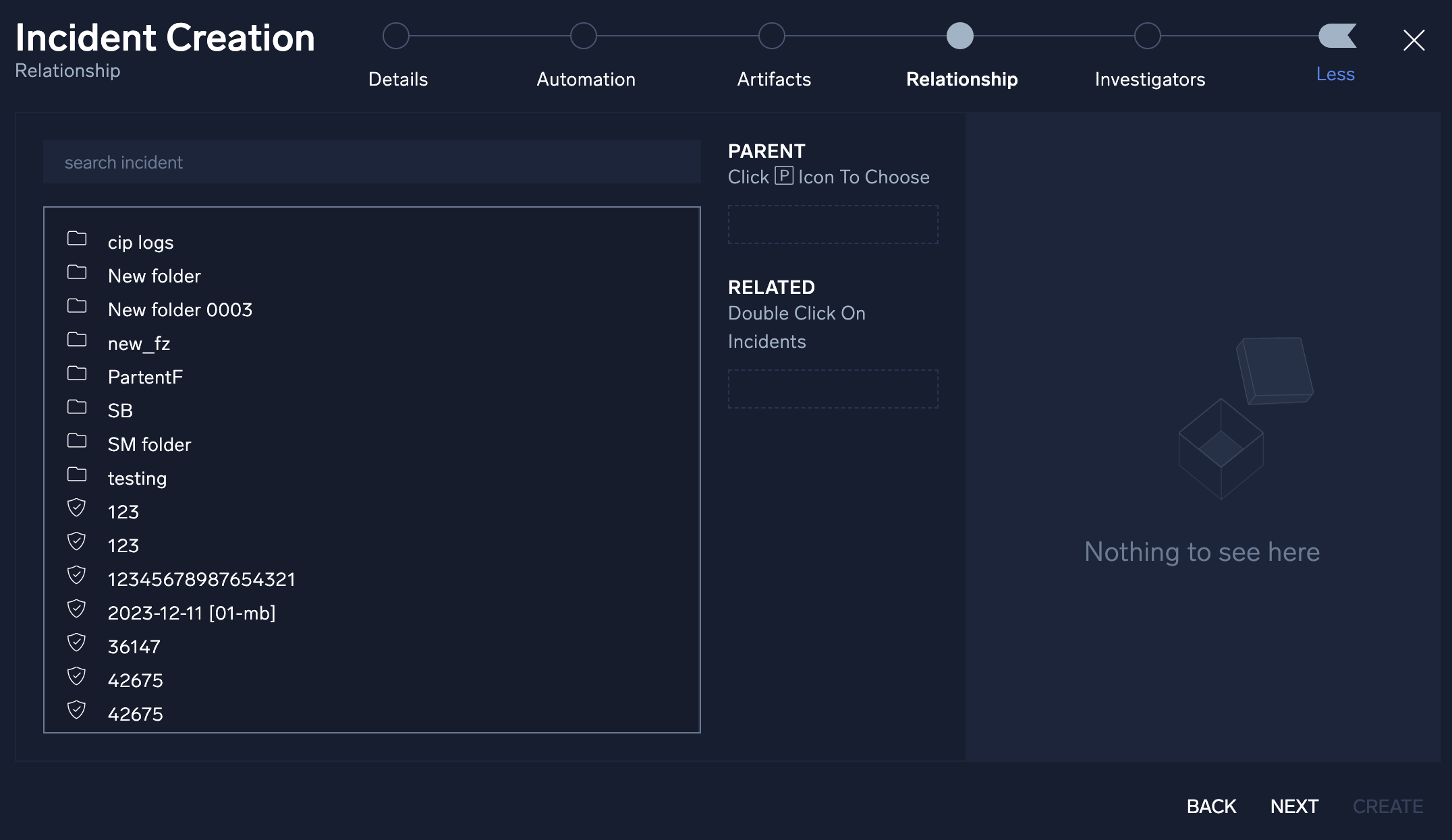 Incident Creation - Relationships screen