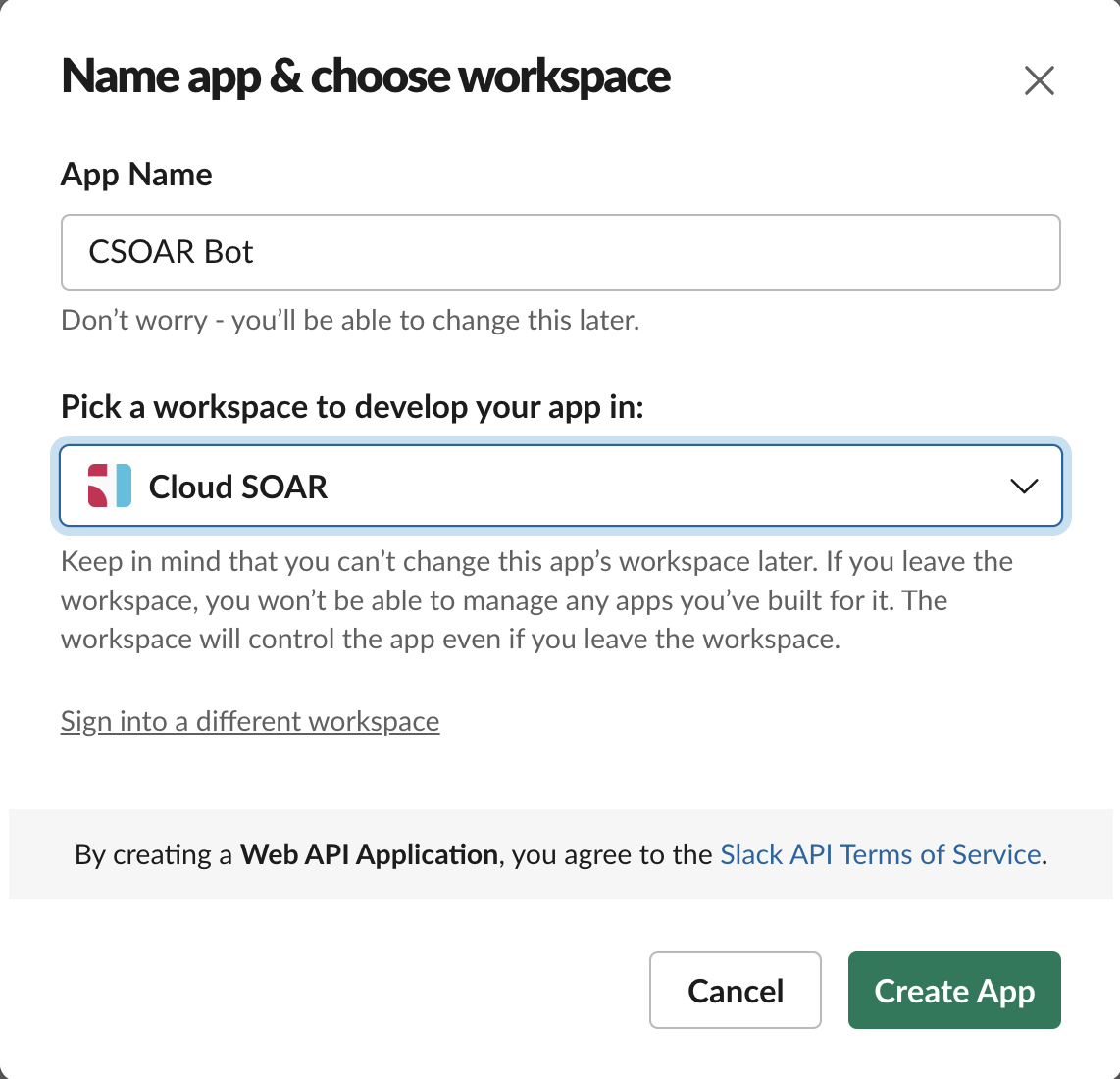 Insert name and workspace for Slack app