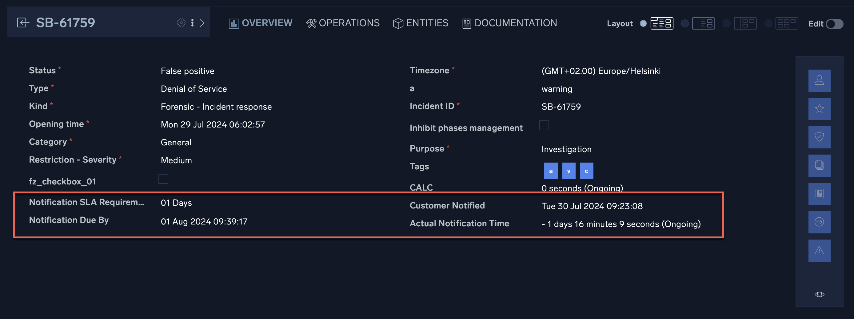 SLA fields on an incident