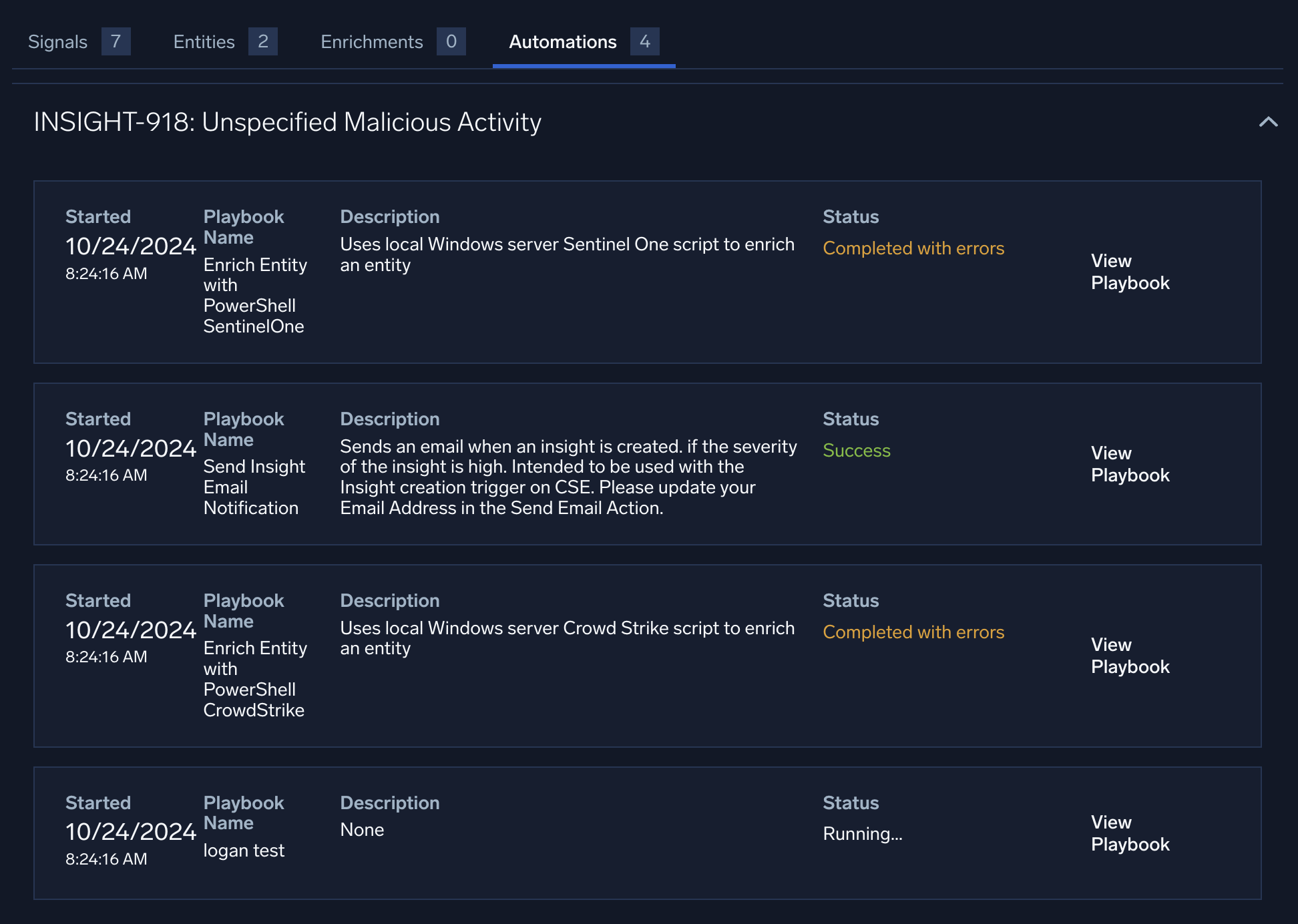 Automations execution status