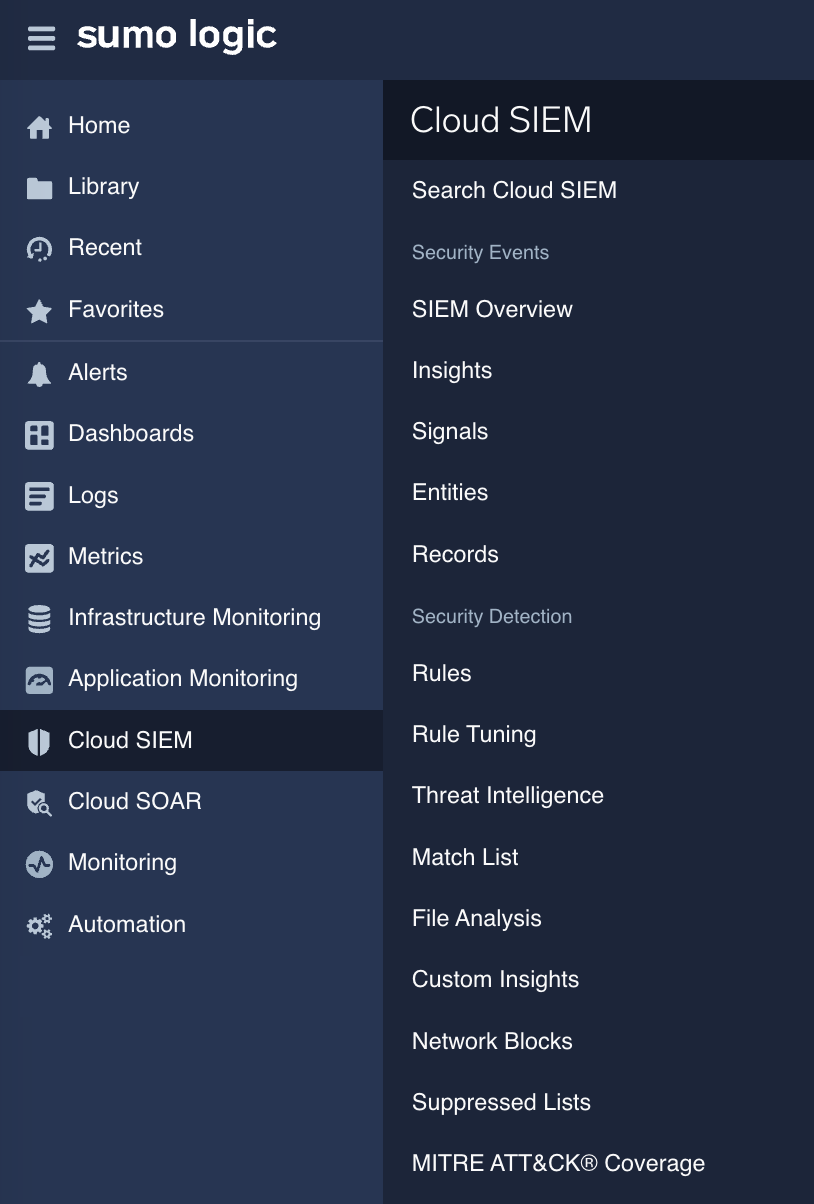 Cloud SIEM sidebar menu