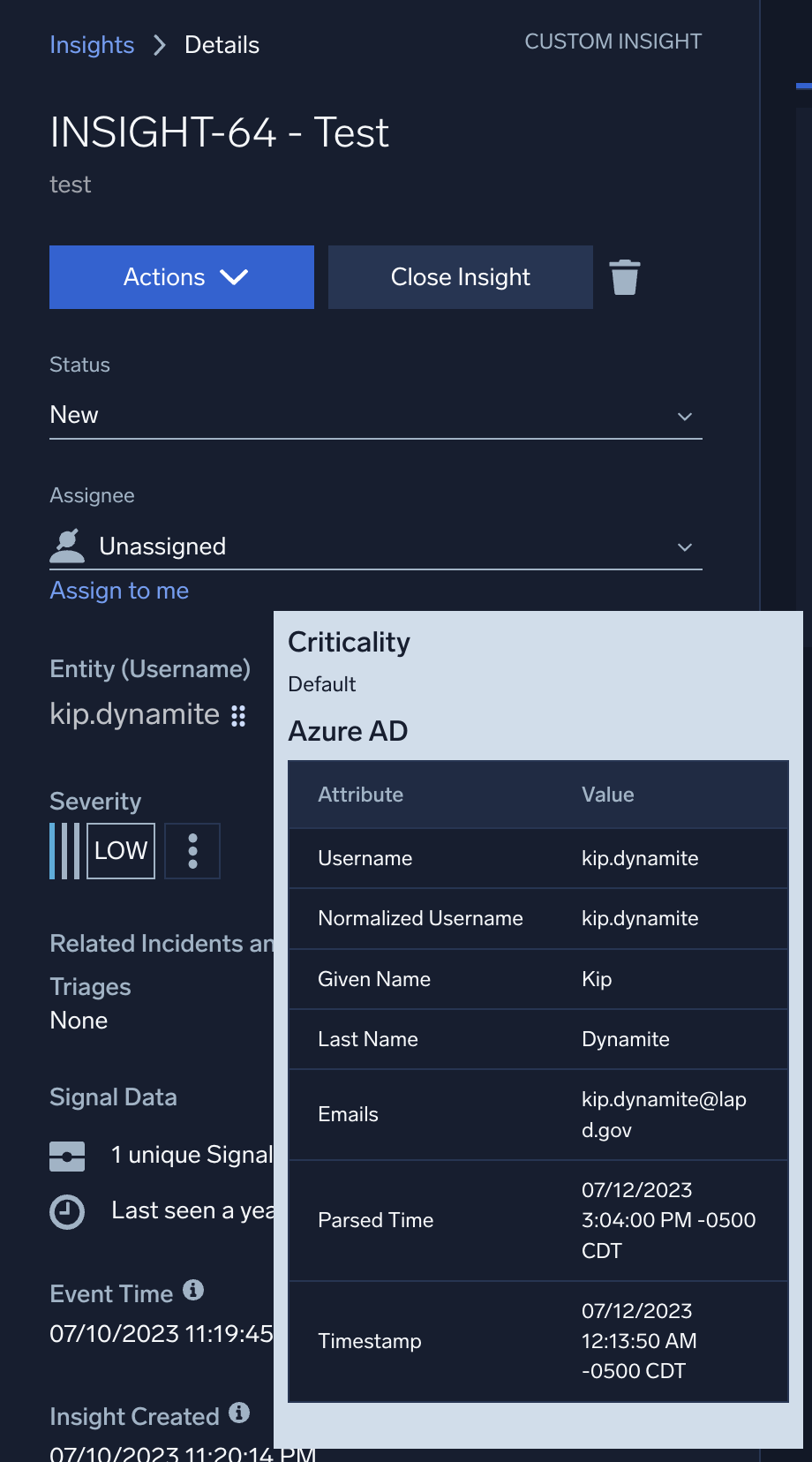 Example inventory data on an insight