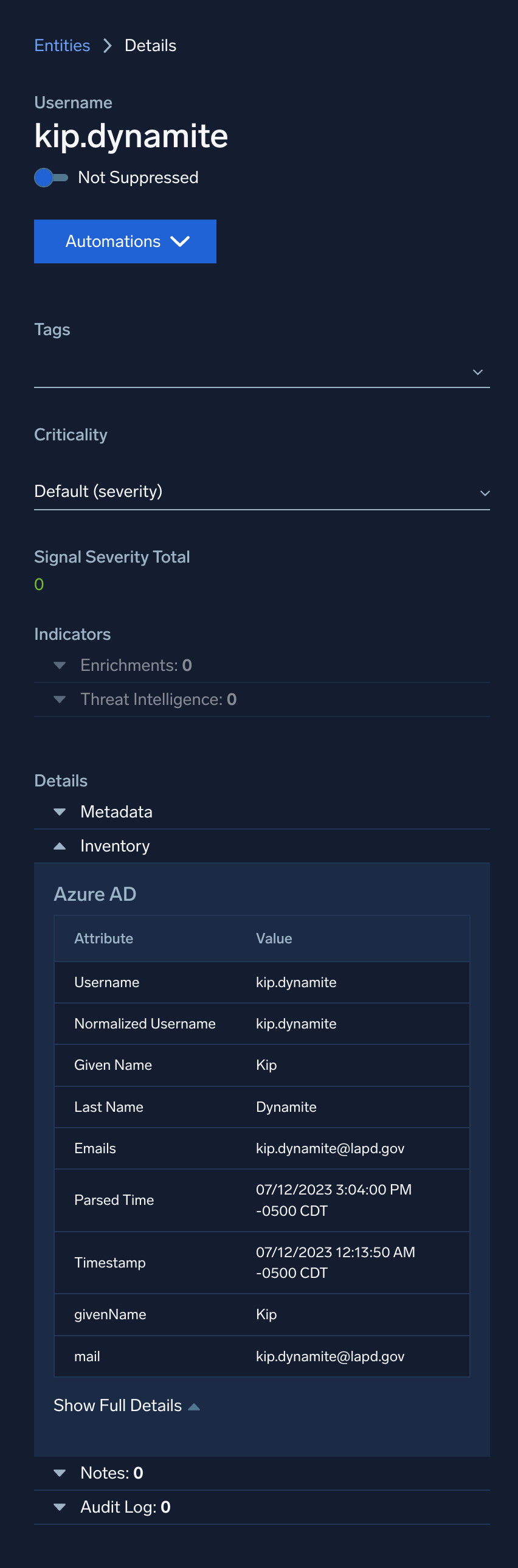 Example inventory data on an entity