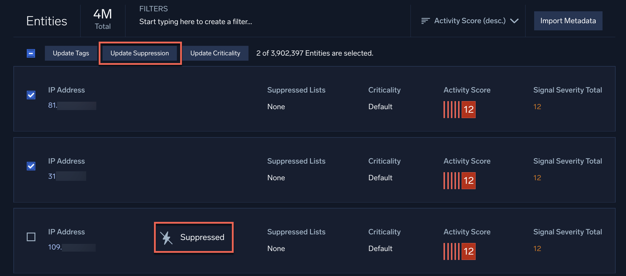 Suppression on the Entities page