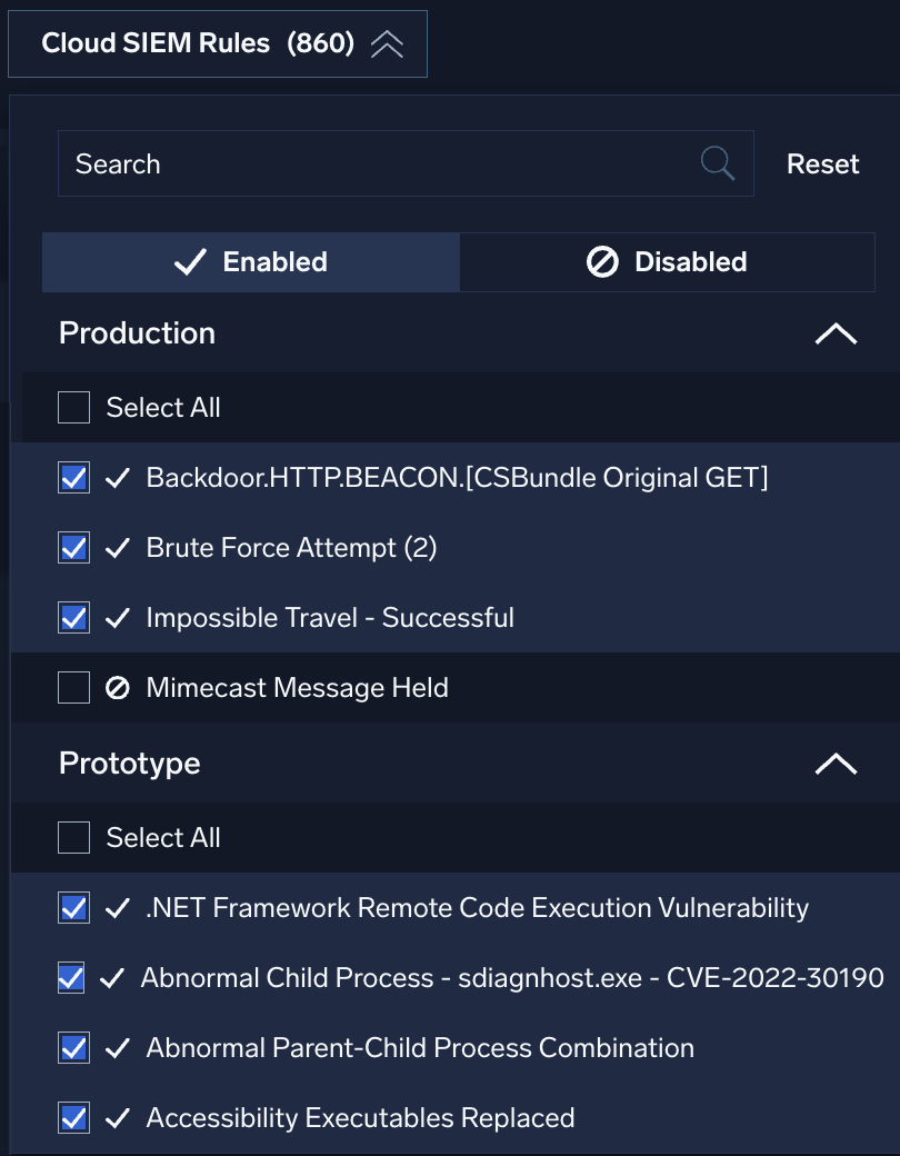 Cloud SIEM Rules filter