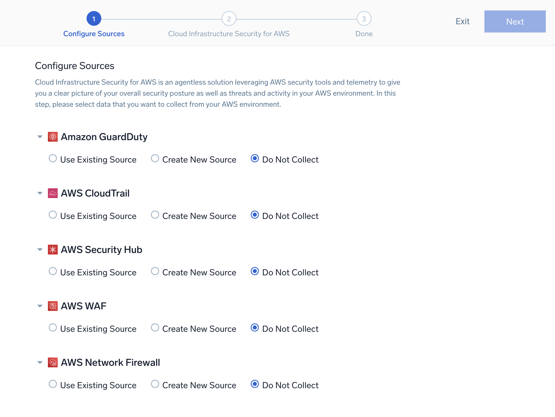 Configure Sources screen