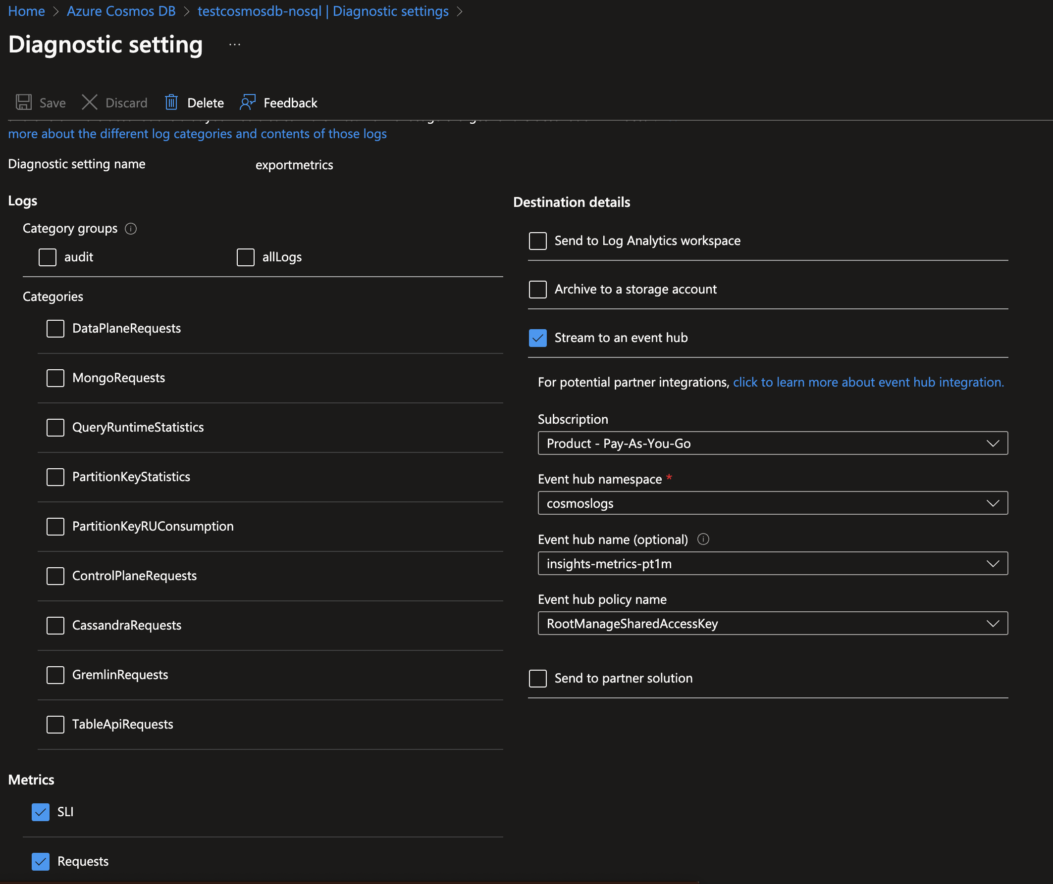 Azure Cosmos DB Diagnostic Settings for metrics