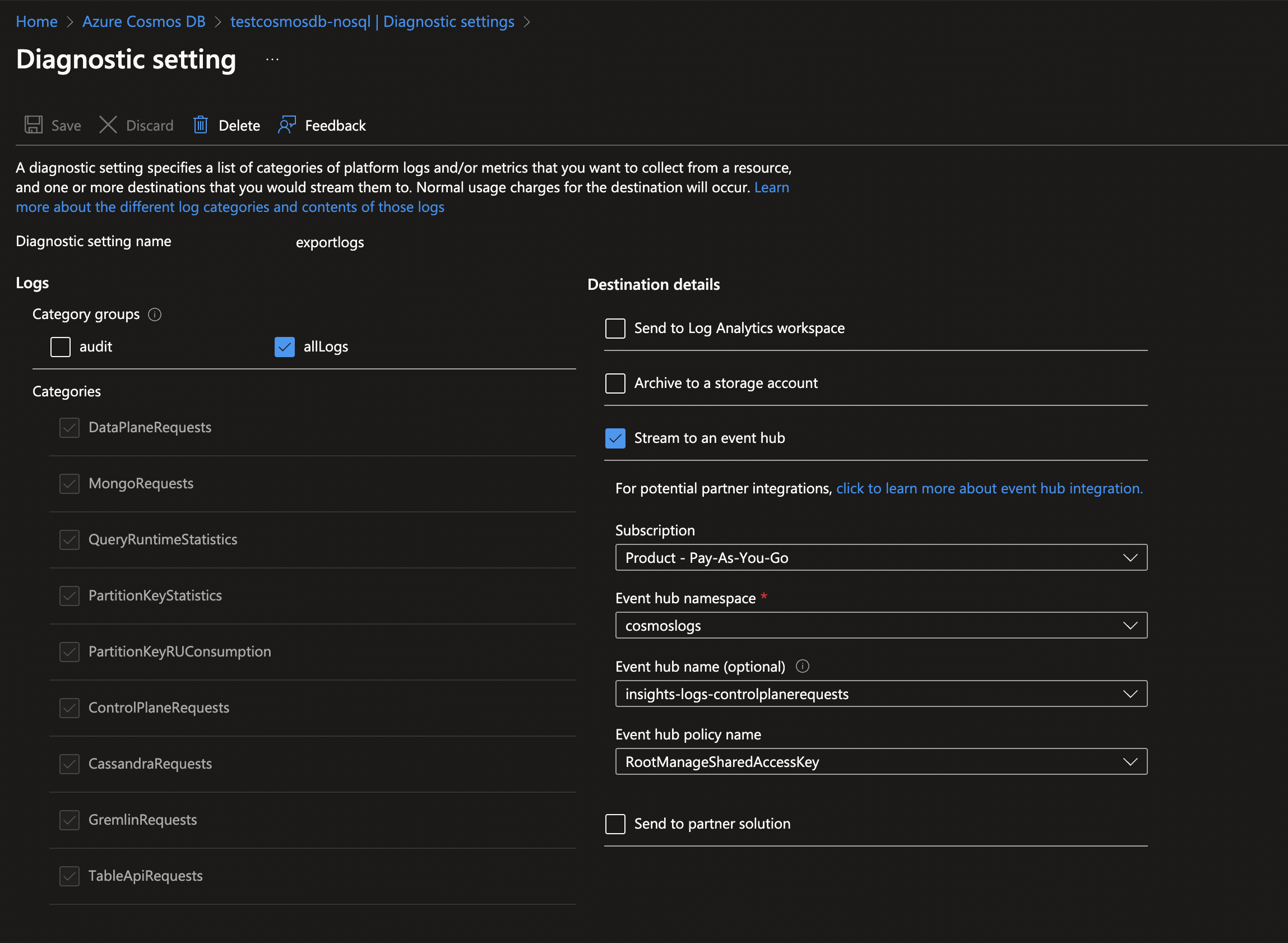 Azure CosmosDB Diagnostic Settings for logs