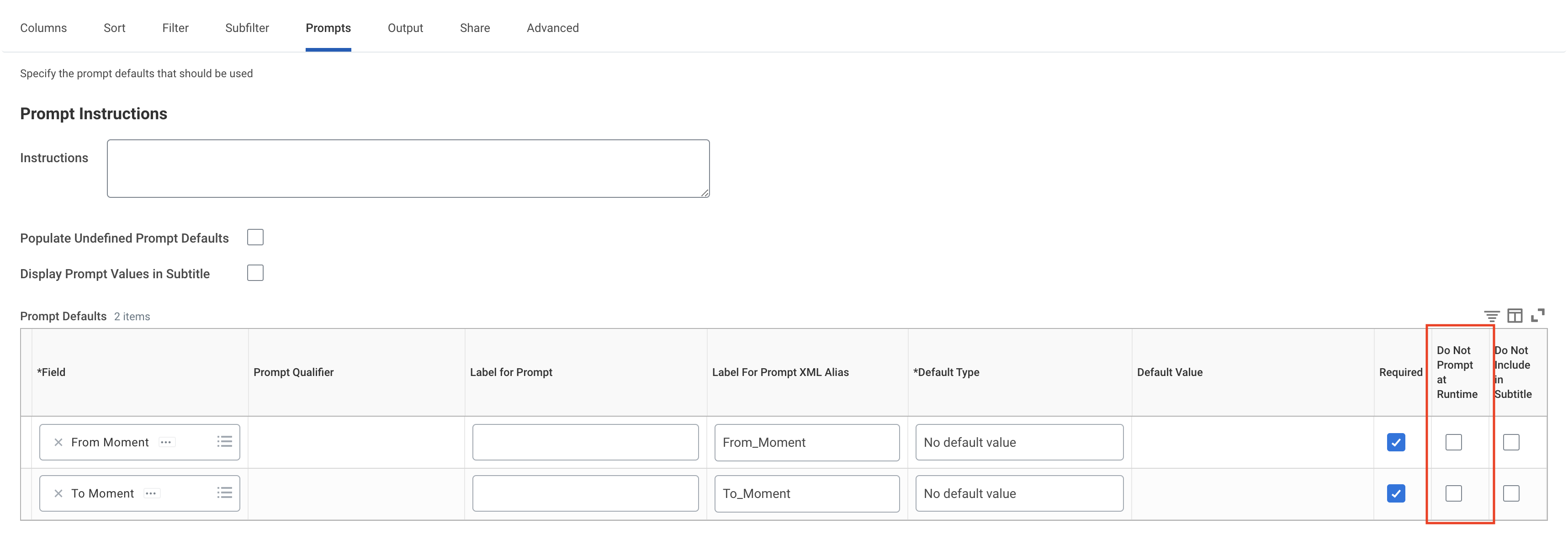 workday custom sign-on report prompt tab