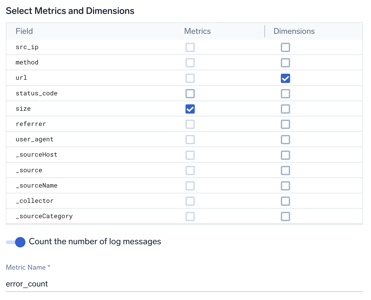 Select metrics and dimensions