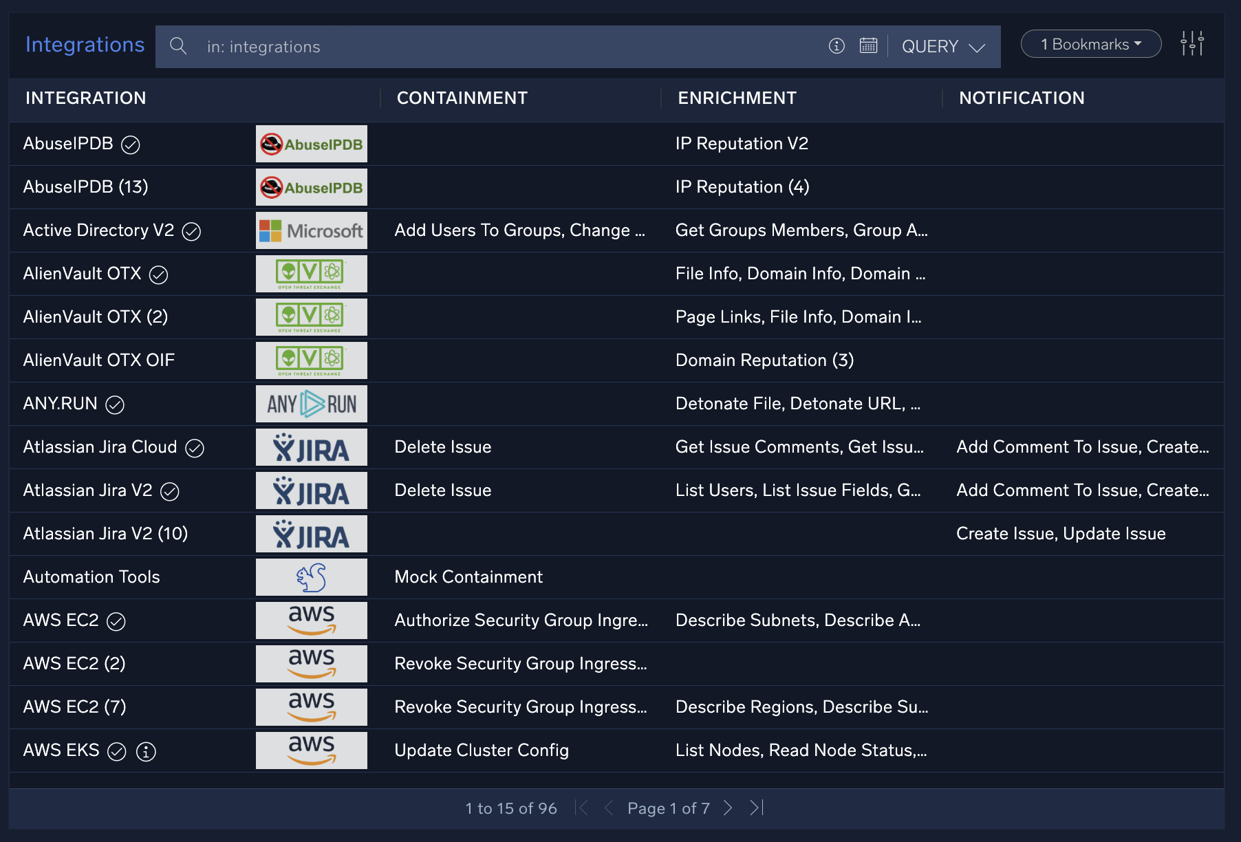 Integrations screen