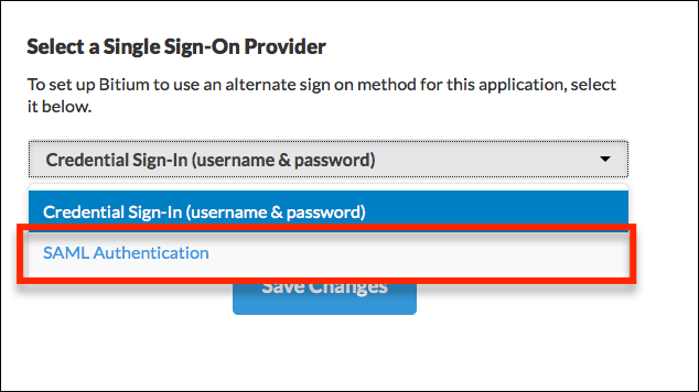 SAML Authentication selected