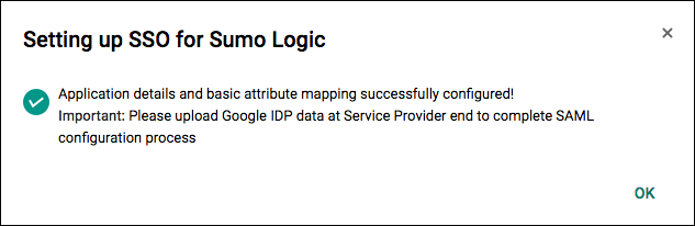 Setting up SSO for Sumo Logic dialog