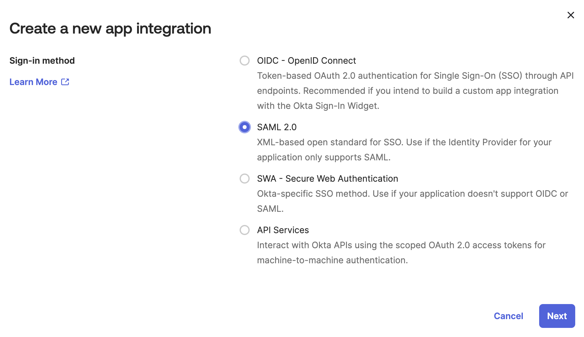 Select SAML 2.0