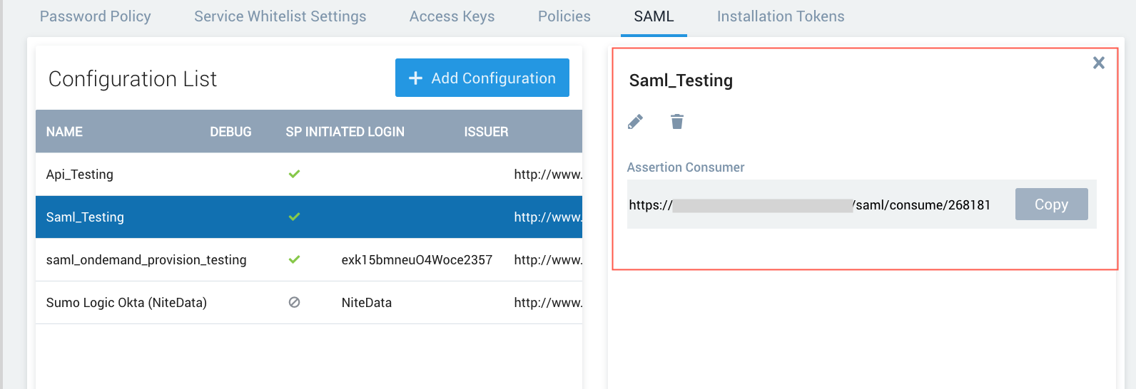 Summary of the SAML configuration parameters