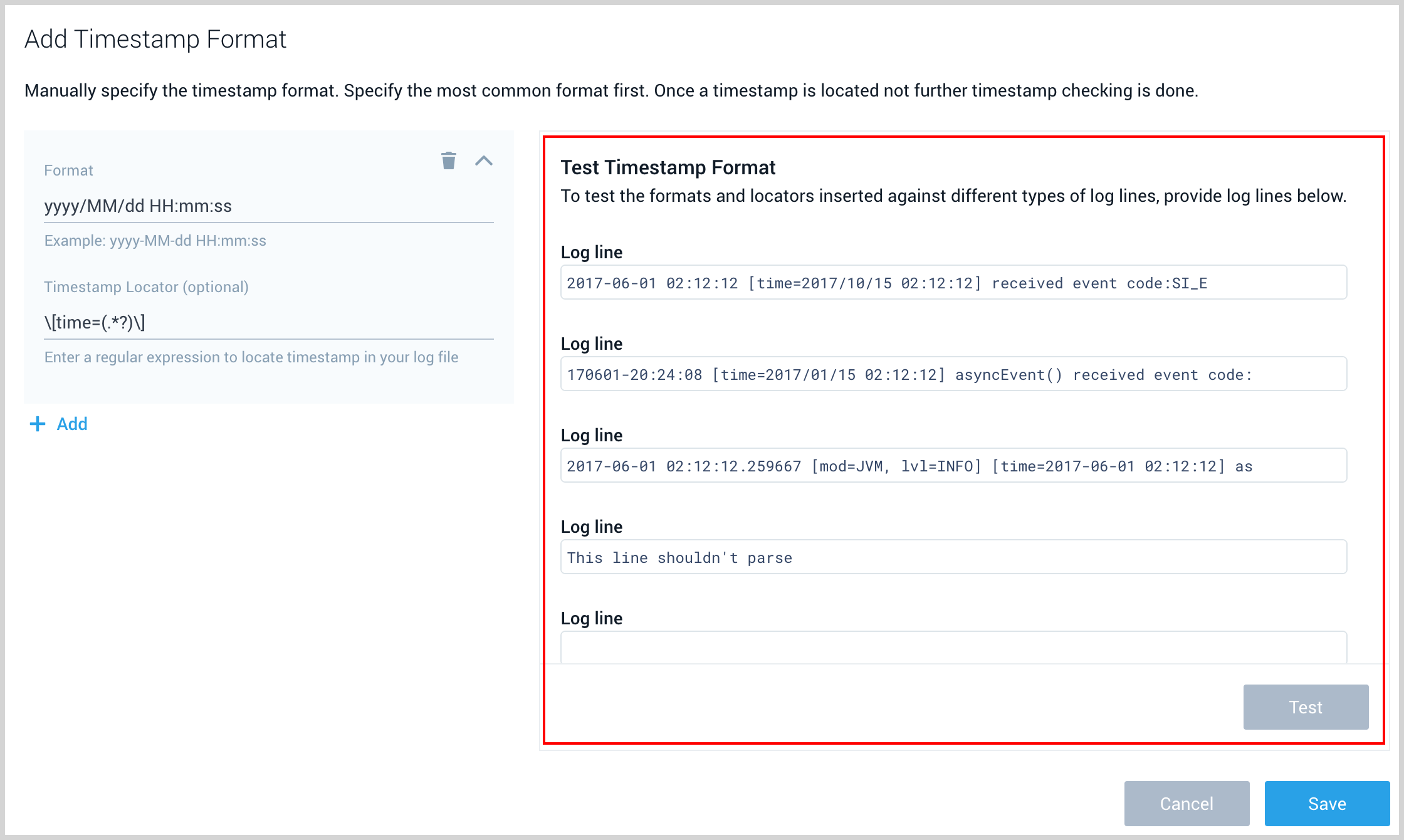Screenshot displaying example log lines used to test custom timestamp formats