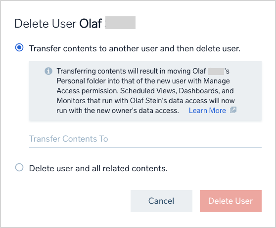 Delete dialog with transfer option selected